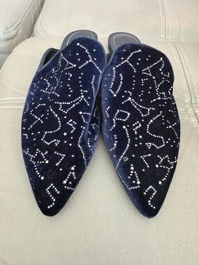 Zara Navy Blue Velvet Pointed Toe Mules with Rhinestone Constellation Detail